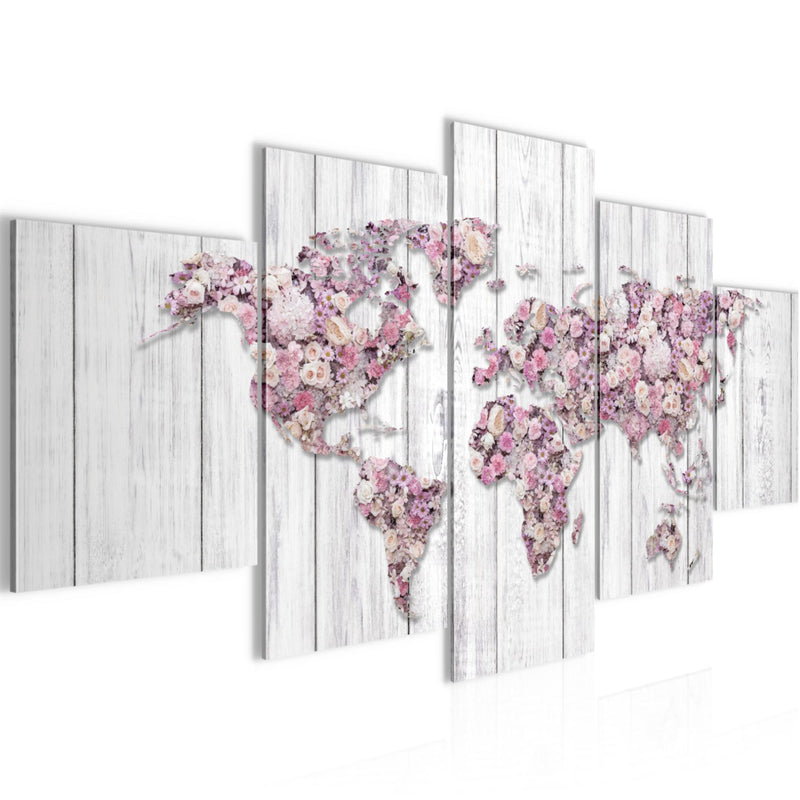 Runa Art - Bilder Weltkarte Blumen 200 x 100 cm 5 Teilig XXL Wanddekoration Design Grau Rosa 023251b