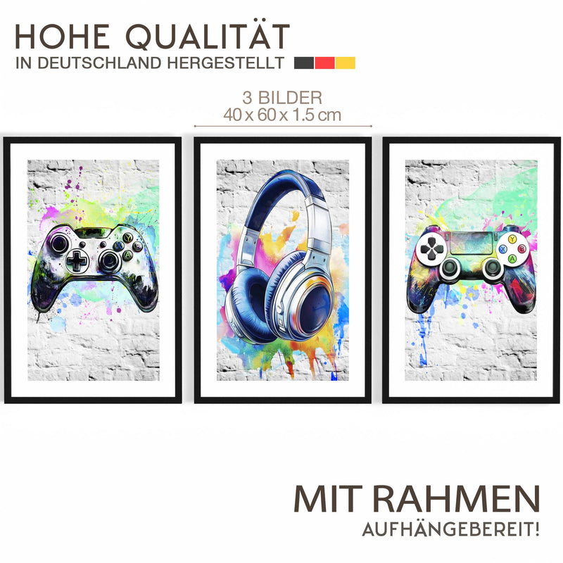 Novart Wandbilder mit Rahmen Spielkonsole Gamer - Spielzimmer Jungen Teenager Wanddeko - 3 Bilder Set Weiß - N138736aR2