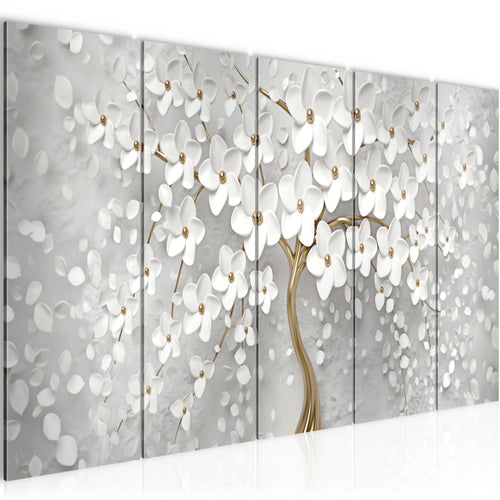 Runa Art Wandbild XXL Blumen Wohnzimmer Schlafzimmer 200 x 80 cm Weiss Gold 5 Teilig - Made in Germany - 039755a