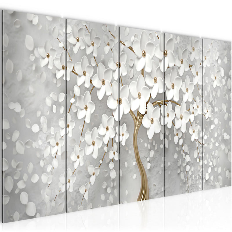 Runa Art Wandbild XXL Blumen Wohnzimmer Schlafzimmer 200 x 80 cm Weiss Gold 5 Teilig - Made in Germany - 039755a