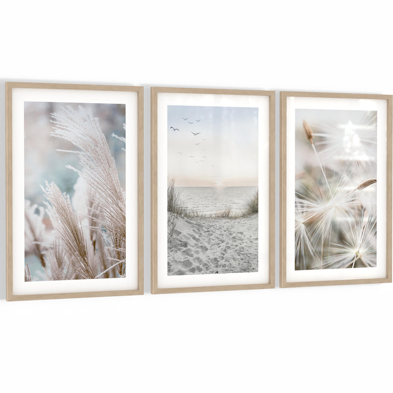 Novart Wandbilder mit Rahmen Strand Meer Boho - Wohnzimmer Schlafzimmer Flur Wanddeko - 3 Bilder Set Blau Beige - N133836aR1