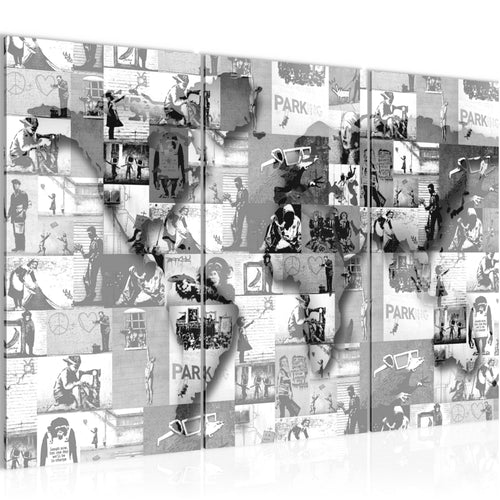 Runa Art Wandbilder Weltkarte Banksy Collage Bild XXL Loft Wohnzimmer Grau Pop Art 120 x 80 cm 3 Teilig 104531c
