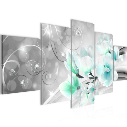 Runa Art Bild Wohnzimmer Schlafzimmer Blumen Abstrakt 5 Teilig Diamant Grau Türkis Wandbilder auf Vlies Leinwand 035353c