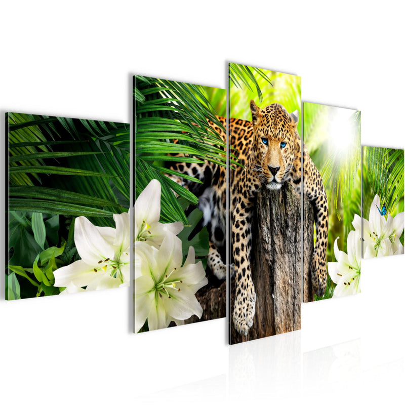Runa Art Wandbilder Afrika Leopard 5 Teilig Bild auf Vlies Leinwand Deko Wohnzimmer Schlafzimmer Natur Savanne Grün 006752a