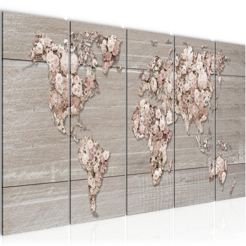 Runa Art Bild Weltkarte Blumen Wandbilder auf Vlies Leinwand 5 Teilig Wanddekoration Wohnzimmer Schlafzimmer 023256c