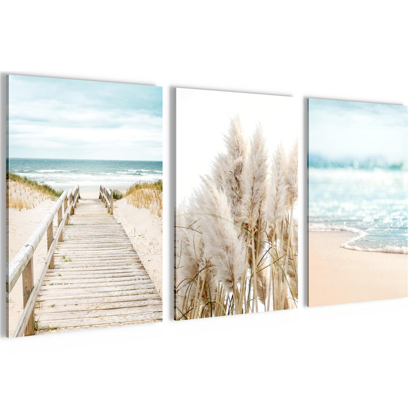 Novart Bilder Set Landschaft - KEIN EXTRA RAHMEN BENÖTIGT - Wandbilder für Wohnzimmer Schlafzimmer Büro - 3 Teilig Deko Strand - N004836a