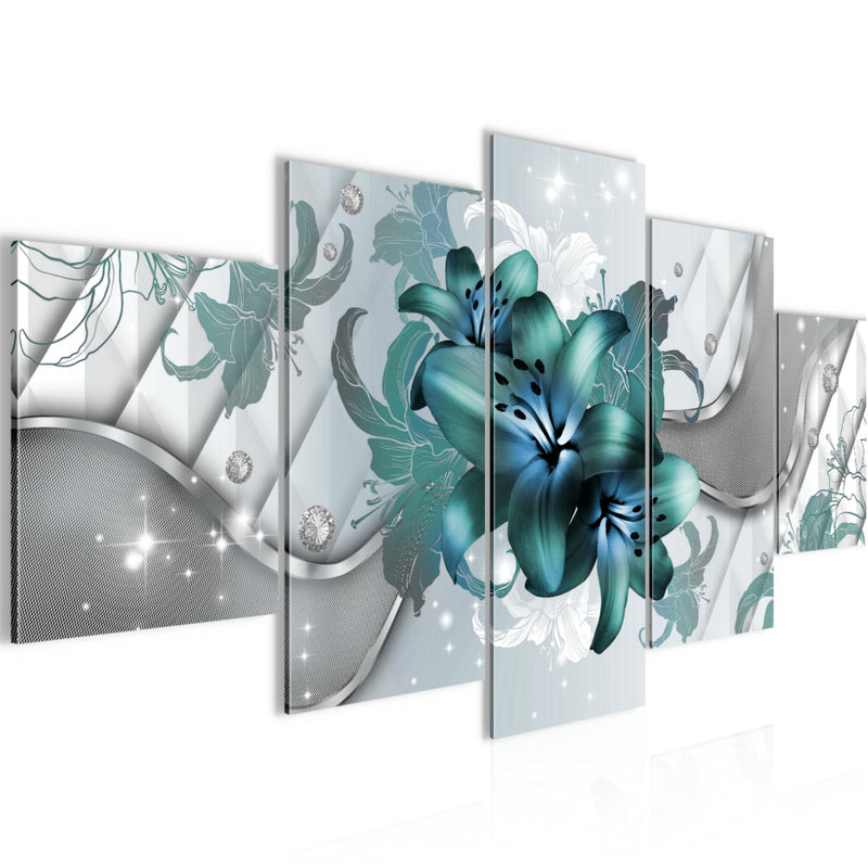 Runa Art Wandbilder Blumen Lilien 5 Teilig Bild auf Vlies Leinwand Deko Wohnzimmer Abstrakt Grau Türkis 016552a