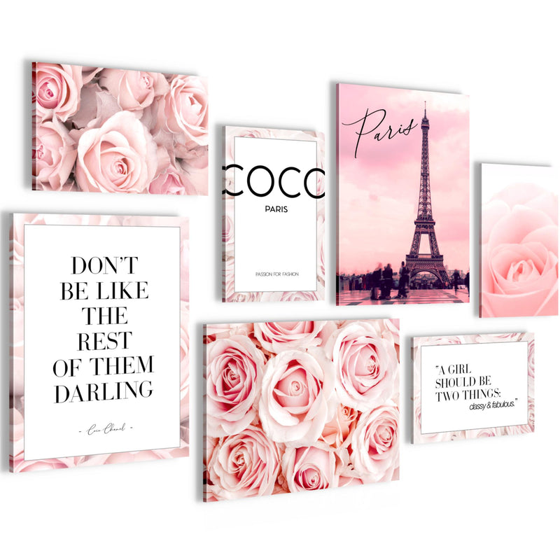 Novart Wandbilder Blumen Coco - KOMPLETT AUFHÄNGFERTIG - Beauty Rosa Zitate Mädchenzimmer Teenager - 7 Moderne Mood-Bilder - N016171a
