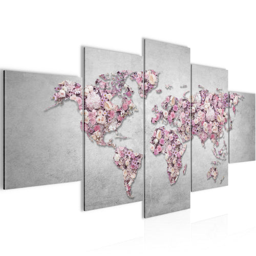 Runa Art - Bilder Weltkarte Blumen 200 x 100 cm 5 Teilig XXL Wanddekoration Design Grau Rosa 023251a