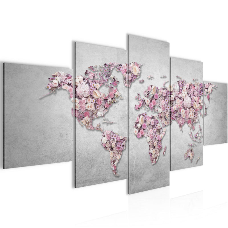 Runa Art - Bilder Weltkarte Blumen 200 x 100 cm 5 Teilig XXL Wanddekoration Design Grau Rosa 023251a