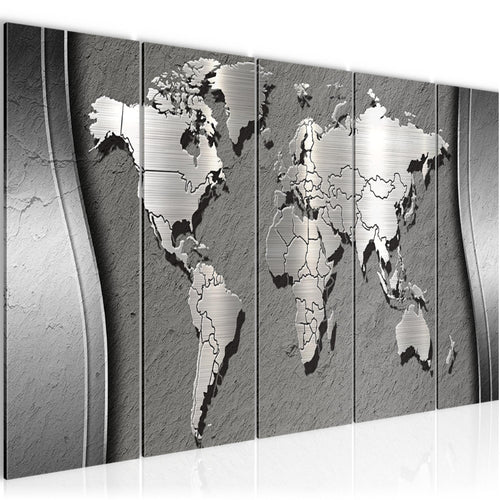 Runa Art Wandbild XXL Weltkarte Büro Wohnzimmer 200 x 80 cm Silber 5 Teilig - Made in Germany - 107255b