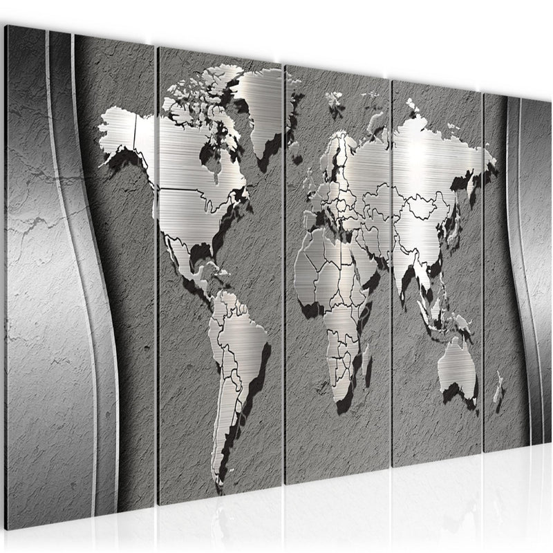 Runa Art Wandbild XXL Weltkarte Büro Wohnzimmer 200 x 80 cm Silber 5 Teilig - Made in Germany - 107255b
