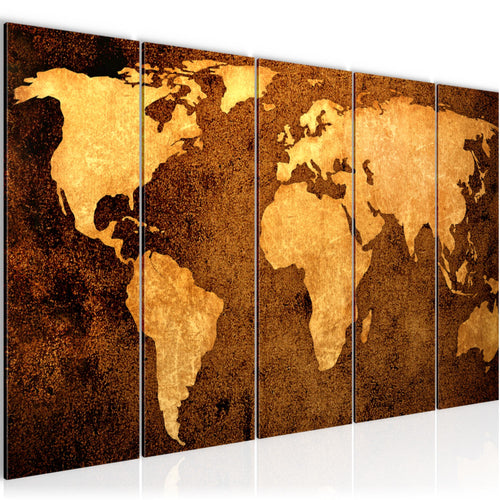 Runa Art Wandbild XXL Weltkarte Büro Wohnzimmer 200 x 80 cm Gold 5 Teilig - Made in Germany - 101755a