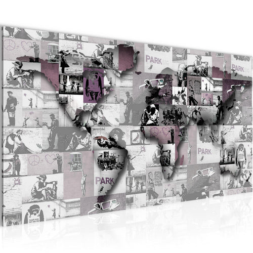 Runa Art Wandbild Weltkarte Banksy Collage 1 Teilig 100 x 40 cm Modern Bild auf Vlies Leinwand Pop Art Loft Wohnzimmer Rosa 104512b