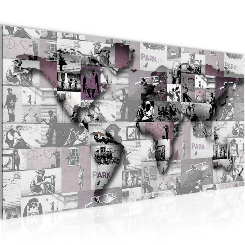 Runa Art Wandbild Weltkarte Banksy Collage 1 Teilig 100 x 40 cm Modern Bild auf Vlies Leinwand Pop Art Loft Wohnzimmer Rosa 104512b