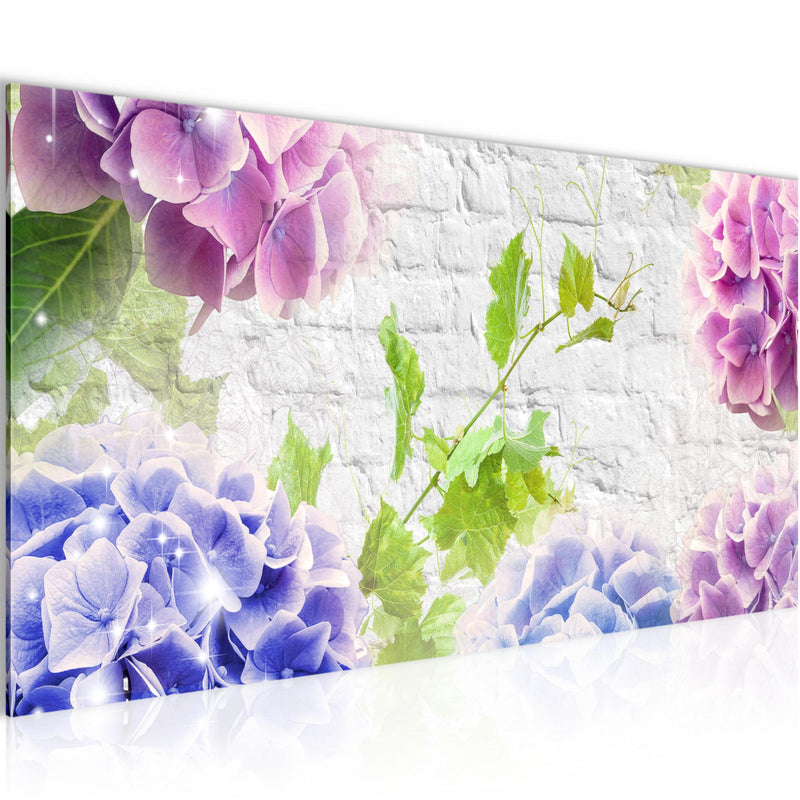 Runa Art Wandbild Blumen Hortensien 1 Teilig 100 x 40 cm Modern Bild auf Vlies Leinwand Ziegel Wohnzimmer Bunt 017512a