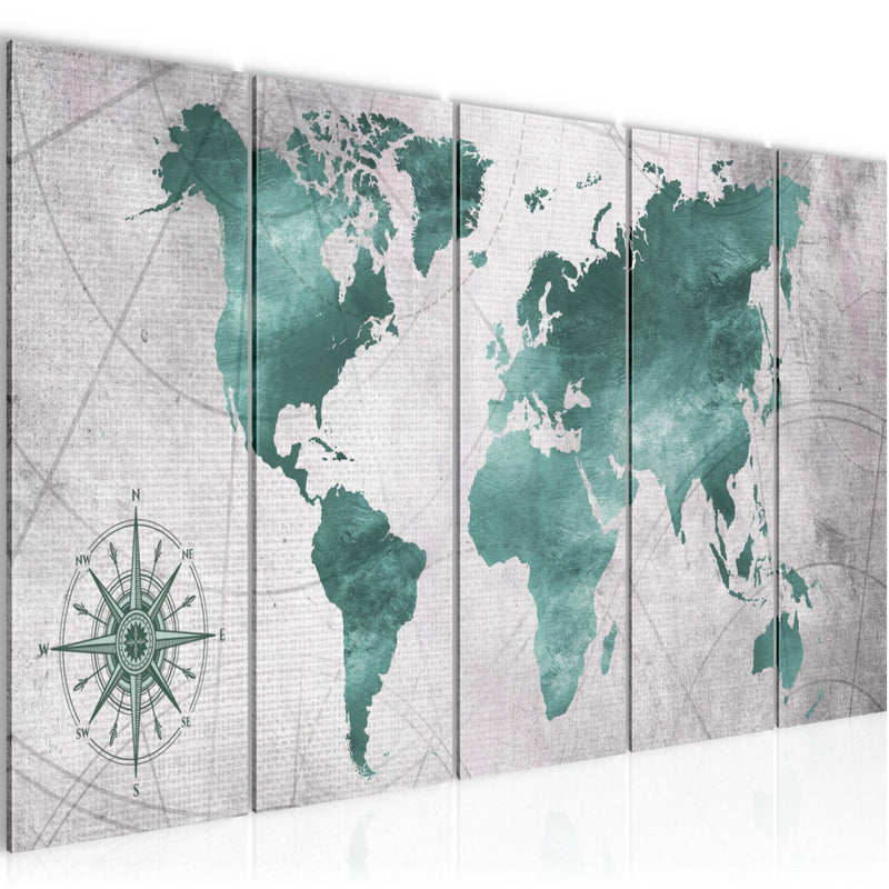 Runa Art Wandbild XXL Weltkarte Büro Wohnzimmer 200 x 80 cm Grün Grau 5 Teilig - Made in Germany - 026055c