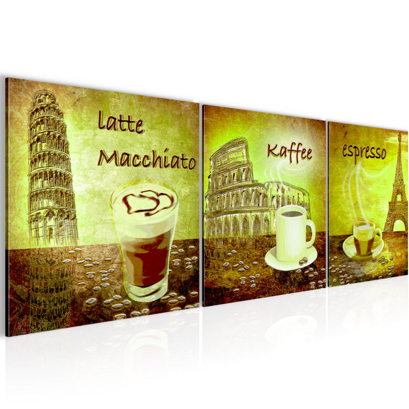 Runa Art Bilder Küche Kaffee 3 Teilig Bild auf Vlies Leinwand Deko Esszimmer Küchenbilder 90 x 30 cm Collage Grün 500734b