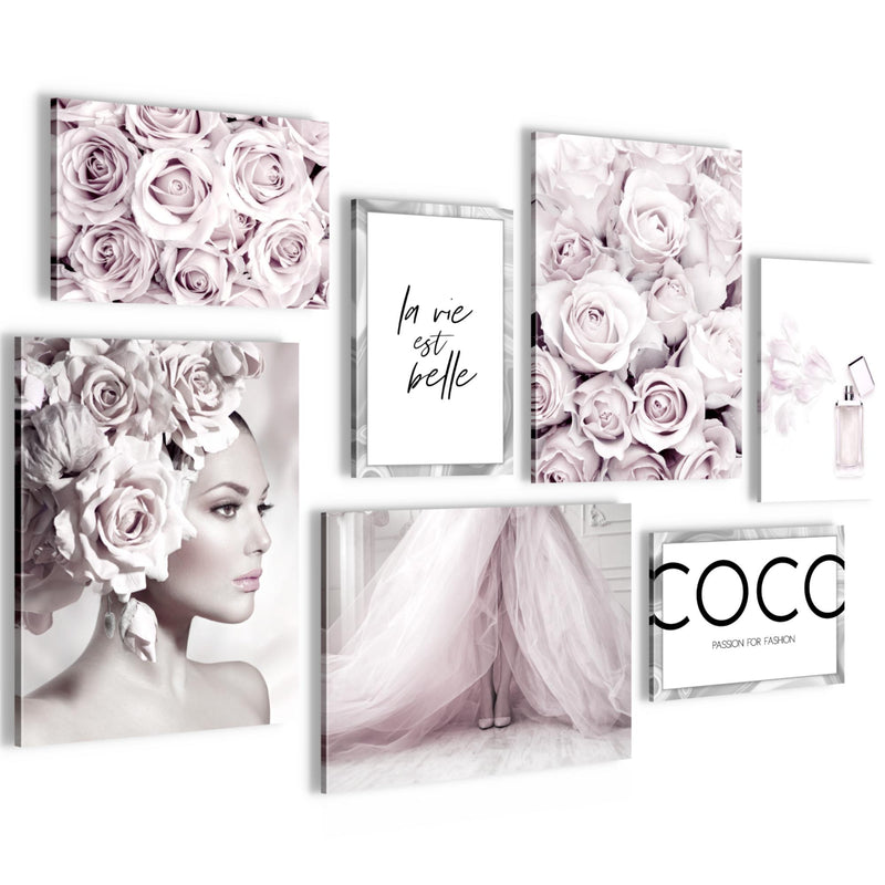 Novart Wandbilder Coco Fashion - KOMPLETT AUFHÄNGFERTIG - Grau Rosa Wohnzimmer Mädchen Teenager - 7 Moderne Mood-Bilder - N000771a