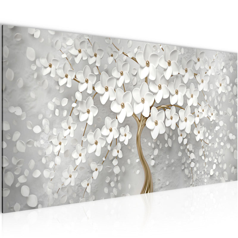 Runa Art Wandbild Blumen 1 Teilig 100 x 40 cm Modern Bild auf Vlies Leinwand Abstrakt Baum Wohnzimmer Weiss Gold 039712a