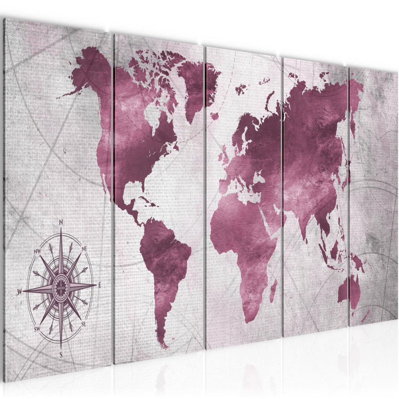 Runa Art Wandbild XXL Weltkarte Büro Wohnzimmer 200 x 80 cm Pink 5 Teilig - Made in Germany - 026055b