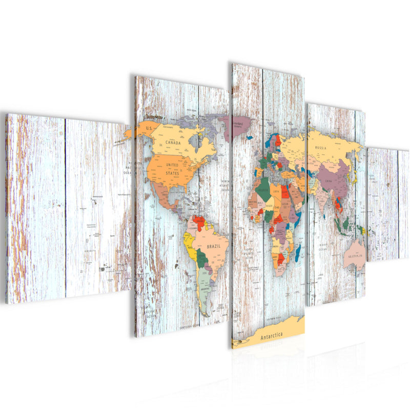 Runa Art Wandbilder Weltkarte Holz 5 Teilig Bild auf Vlies Leinwand Deko Büro Wohnzimmer Landkarte Weiss 108752b