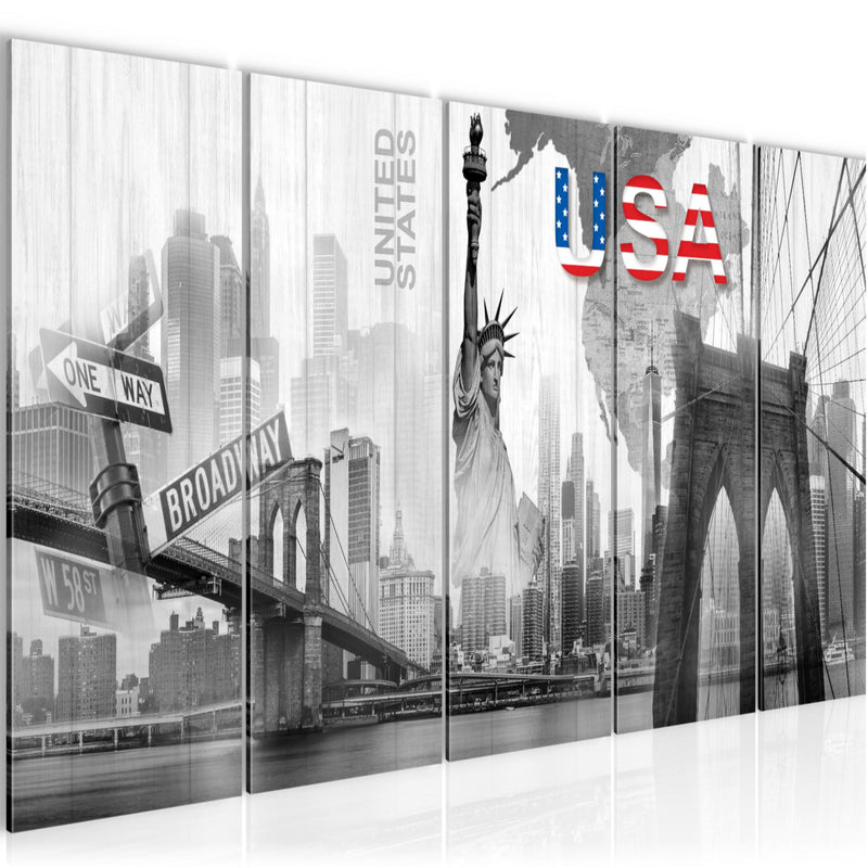 Runa Art Wandbild XXL New York Wohnzimmer Büro 200 x 80 cm Schwarz Weiss 5 Teilig - Made in Germany - 034755c