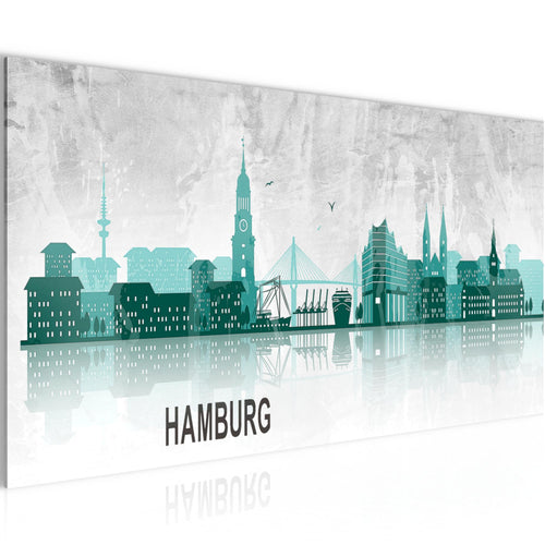 Runa Art Wandbild Hamburg 1 Teilig 100 x 40 cm Modern Bild auf Vlies Leinwand Abstrakt Wohnzimmer Schlafzimmer Türkis Grau 035912b