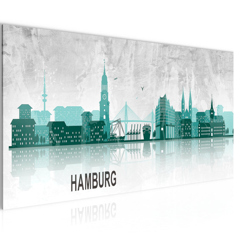 Runa Art Wandbild Hamburg 1 Teilig 100 x 40 cm Modern Bild auf Vlies Leinwand Abstrakt Wohnzimmer Schlafzimmer Türkis Grau 035912b