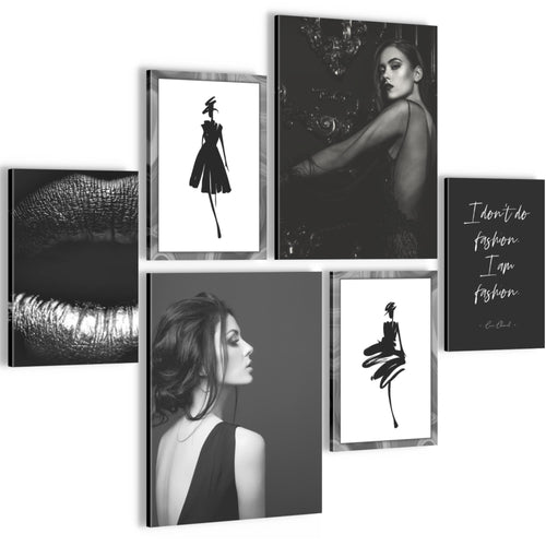 Novart Wandbilder Set Fashion Schwarz Weiss - KEIN EXTRA RAHMEN BENÖTIGT -  Modern Deko  - Wohnzimmer Mädchen Teenager N000863a