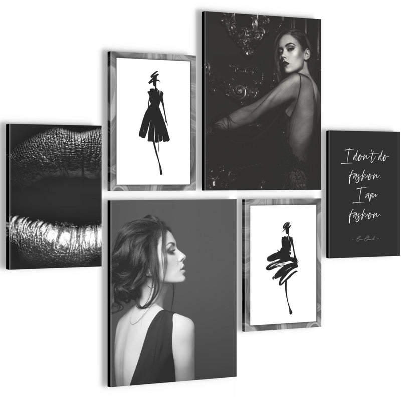 Novart Wandbilder Set Fashion Schwarz Weiss - KEIN EXTRA RAHMEN BENÖTIGT -  Modern Deko  - Wohnzimmer Mädchen Teenager N000863a