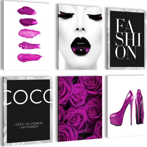 Novart Wandbilder - KEIN EXTRA RAHMEN BENÖTIGT - Wohnzimmer Mädchen Teenager - Bilder Modern Fashion Coco - Schwarz Weiss Violett - N002265c