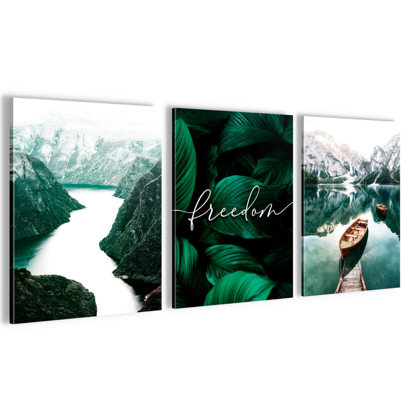 Novart FERTIG ZUM AUFHÄNGEN - Wandbilder Set See Berge - Collage XXL Wohnzimmer Grün N020835a, 90 x 40 cm