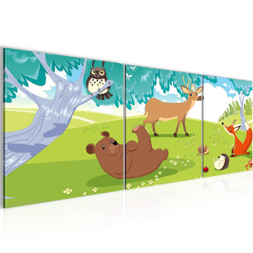 Runa Art Bilder Waldtiere 3 Teilig Bild auf Vlies Leinwand Deko Spielzimmer Baby 90 x 30 cm Kinderzimmer Junge Mädchen 001834c