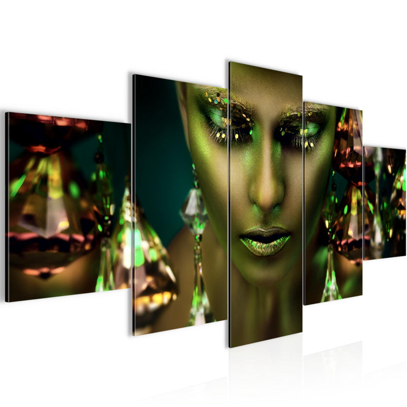 Runa Art Wandbilder Frau Gesicht Lippen 5 Teilig Bild auf Vlies Leinwand Deko Wohnzimmer Schlafzimmer Kosmetik Fashion Grün Gold 042152b