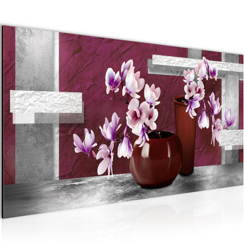 Runa Art Wandbild Blumen Abstrakt 1 Teilig 100 x 40 cm Modern Bild auf Vlies Leinwand Blumenvase Wohnzimmer Grau Rot 035212a