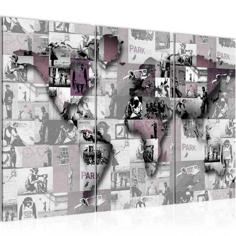 Runa Art Wandbilder Weltkarte Banksy Collage Bild XXL Loft Wohnzimmer Bunt Pop Art 120 x 80 cm 3 Teilig 104531a