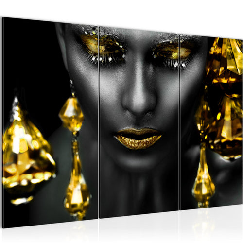 Runa Art Wandbilder Frau Gesicht Lippen Bild XXL Wohnzimmer Schlafzimmer Schwarz Gold Kosmetik Fashion 120 x 80 cm 3 Teilig 042131c