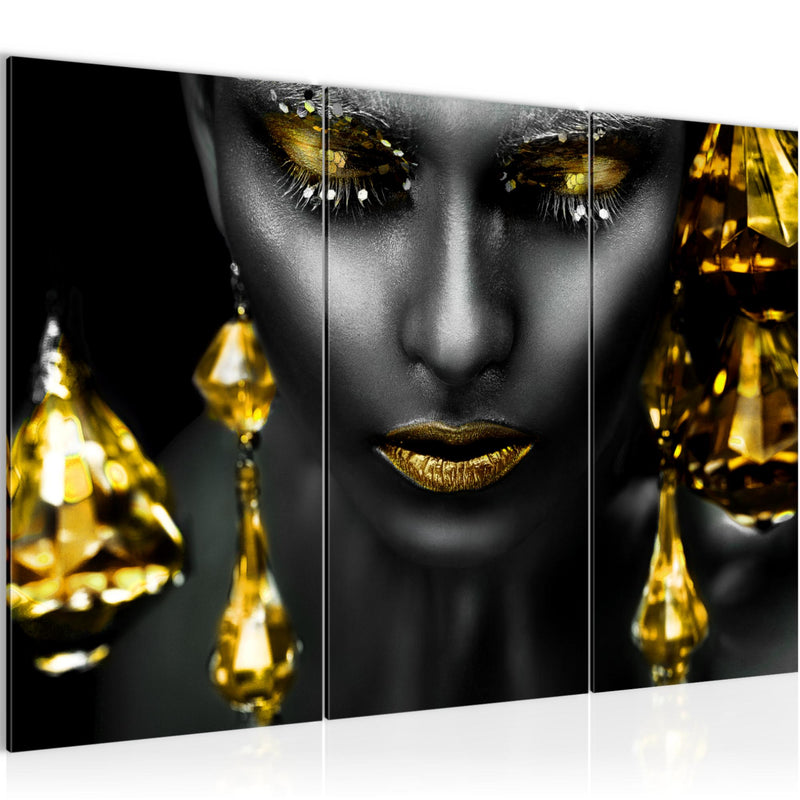Runa Art Wandbilder Frau Gesicht Lippen Bild XXL Wohnzimmer Schlafzimmer Schwarz Gold Kosmetik Fashion 120 x 80 cm 3 Teilig 042131c