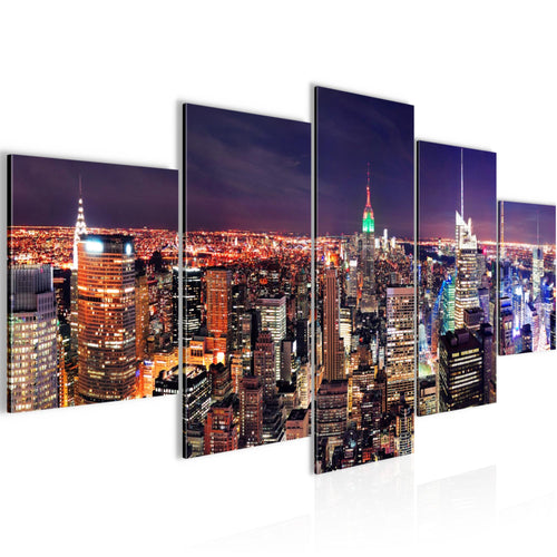 Runa Art Wandbilder New York Skyline 5 Teilig Bild auf Vlies Leinwand Deko Wohnzimmer Büro Städte Violett Lila 036252a