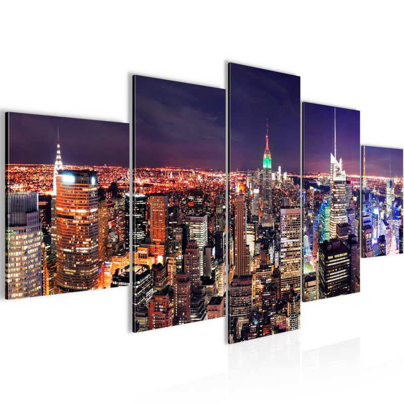 Runa Art Wandbilder New York Skyline 5 Teilig Bild auf Vlies Leinwand Deko Wohnzimmer Büro Städte Violett Lila 036252a