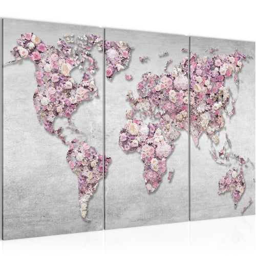Runa Art Wandbilder Weltkarte Blumen Bild XXL Wohnzimmer Schlafzimmer Grau Rosa Steinwand 120 x 80 cm 3 Teilig 023231a