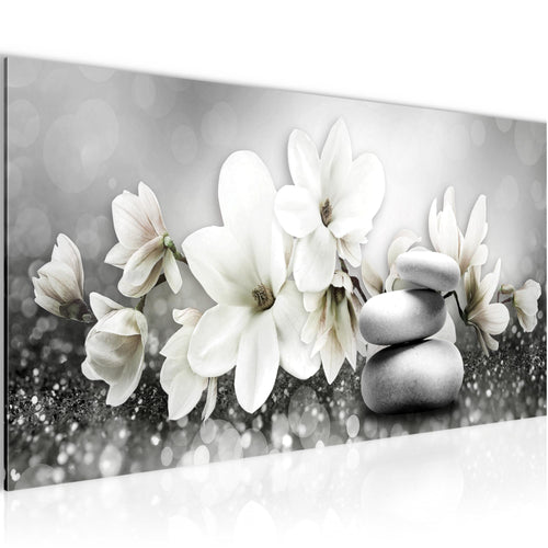 Runa Art Wandbild Blumen Magnolien 1 Teilig 100 x 40 cm Modern Bild auf Vlies Leinwand Abstrakt Wohnzimmer Schwarz Weiss 035412c