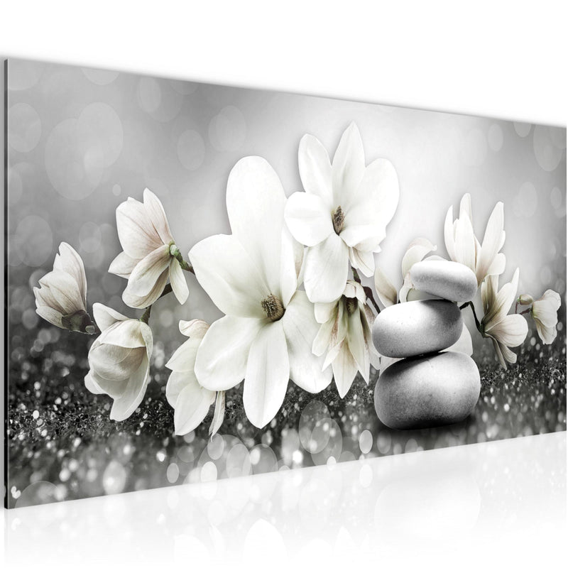 Runa Art Wandbild Blumen Magnolien 1 Teilig 100 x 40 cm Modern Bild auf Vlies Leinwand Abstrakt Wohnzimmer Schwarz Weiss 035412c