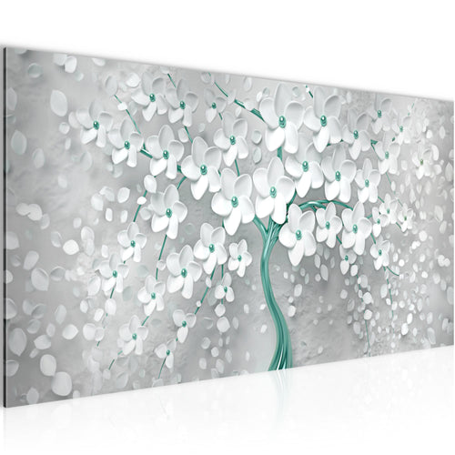 Runa Art Wandbild Blumen 1 Teilig 100 x 40 cm Modern Bild auf Vlies Leinwand Abstrakt Baum Wohnzimmer Weiss Türkis 039712b