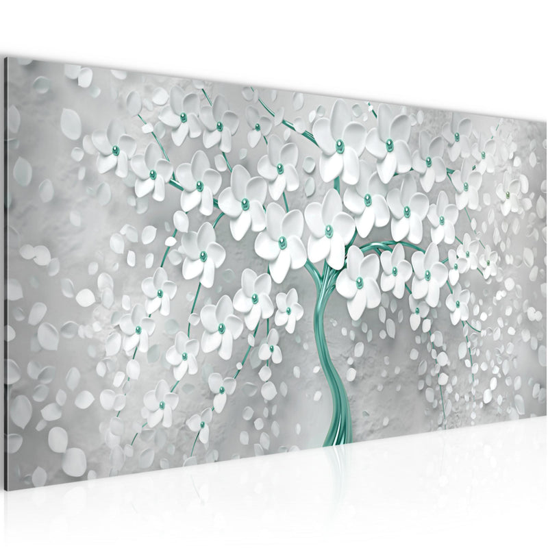 Runa Art Wandbild Blumen 1 Teilig 100 x 40 cm Modern Bild auf Vlies Leinwand Abstrakt Baum Wohnzimmer Weiss Türkis 039712b