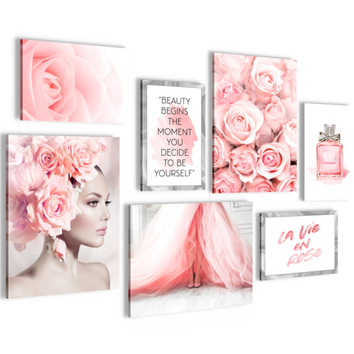 Novart Wandbilder Fashion - KOMPLETT AUFHÄNGFERTIG - Rosa Wohnzimmer Mädchen Teenager - 7 Moderne Mood-Bilder - N015871a