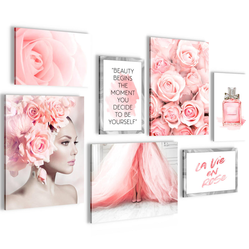 Novart Wandbilder Fashion - KOMPLETT AUFHÄNGFERTIG - Rosa Wohnzimmer Mädchen Teenager - 7 Moderne Mood-Bilder - N015871a