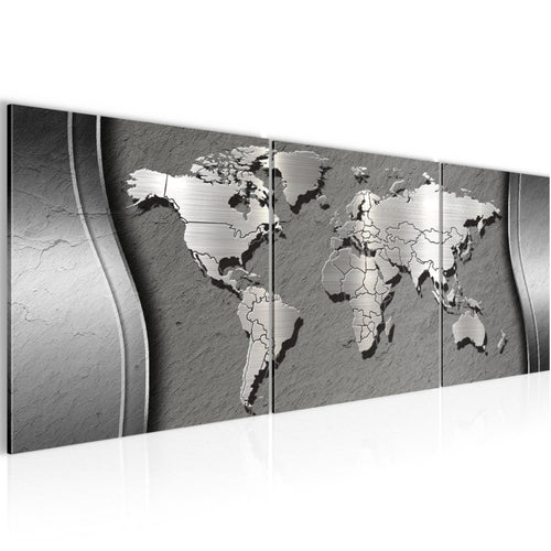 Runa Art - Bilder Weltkarte 120 x 40 cm 3 Teilig Wandbild auf Vlies Leinwand Silber Mehrteilig Modern 107233b