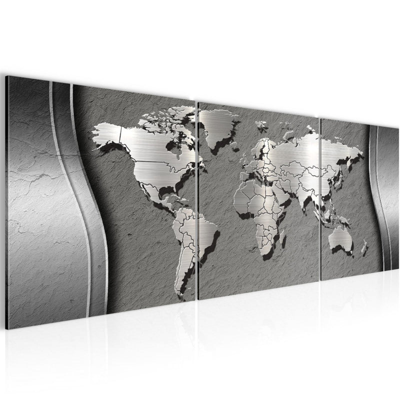 Runa Art - Bilder Weltkarte 120 x 40 cm 3 Teilig Wandbild auf Vlies Leinwand Silber Mehrteilig Modern 107233b